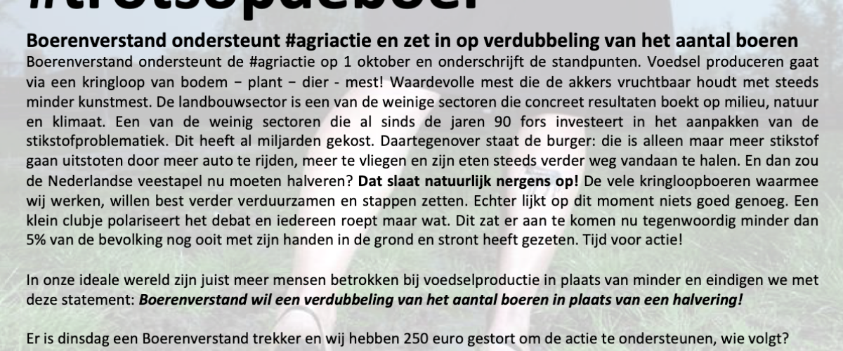 Boerenverstand ondersteunt #agriactie en zet in op verdubbeling van het aantal boeren